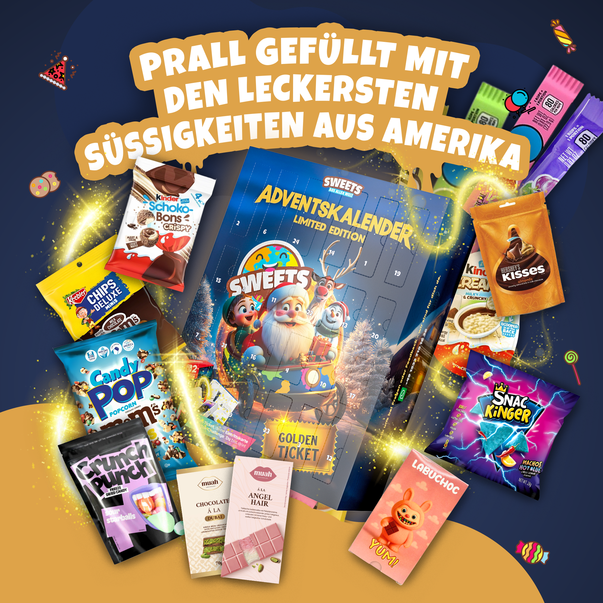 Adventskalender 2025 mit Amerikanischen Süßigkeiten & Snacks aus aller Welt - Weihnachtskalender mit Labuchoc, Dubai Schokolade, Schokobons crispy, Angel Hair & vielen weiteren viralen Highlights (XL)