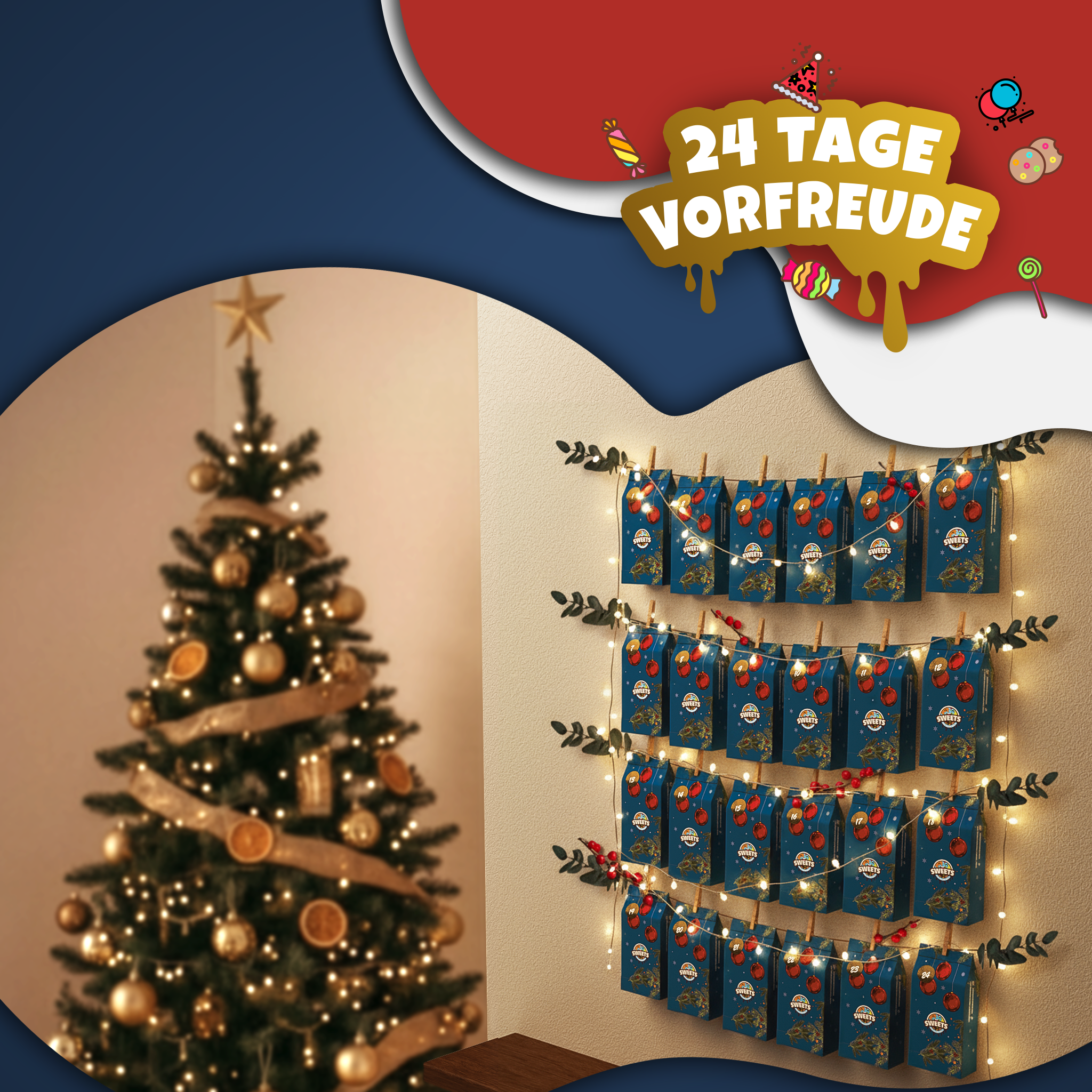 Amerikanische Süßigkeiten Box mit 24 Teilen + gratis Adventskalender Tüten - Adventskalender Füllung mit Süßigkeiten & Snack aus aller Welt - American Candy Box (XL)