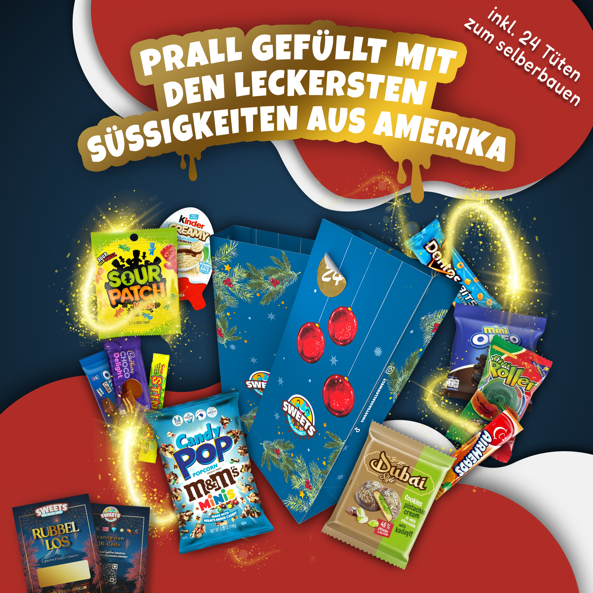 Amerikanische Süßigkeiten Box mit 24 Teilen + gratis Adventskalender Tüten - Adventskalender Füllung mit Süßigkeiten & Snack aus aller Welt - American Candy Box (XL)