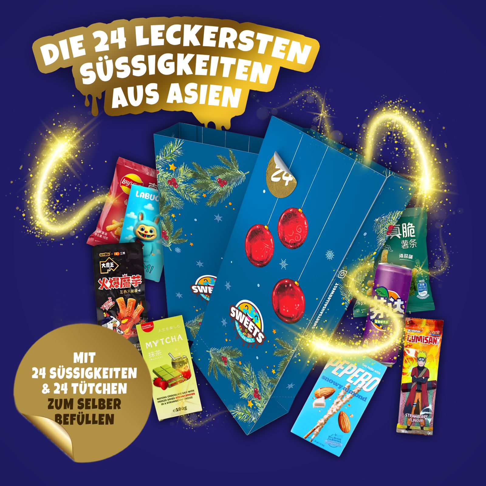 Asiatische Süßigkeiten Box mit 24 Snacks + gratis Adventskalender Tüten - Japanische, koreanische & Süßigkeiten - Ideale Kalender Füllung - Süßigkeiten für Adventskalender