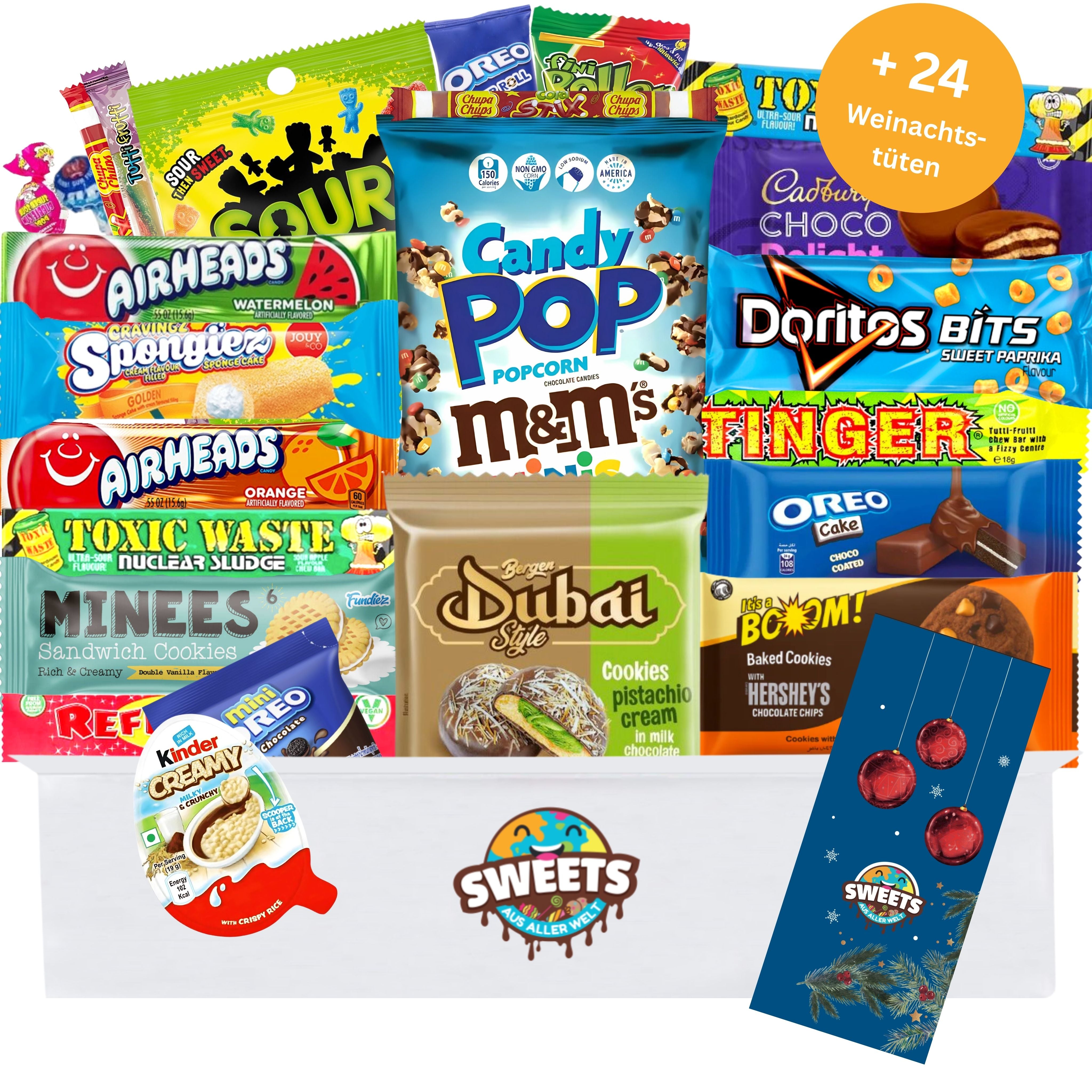 Amerikanische Süßigkeiten Box mit 24 Teilen + gratis Adventskalender Tüten - Adventskalender Füllung mit Süßigkeiten & Snack aus aller Welt - American Candy Box (XL)