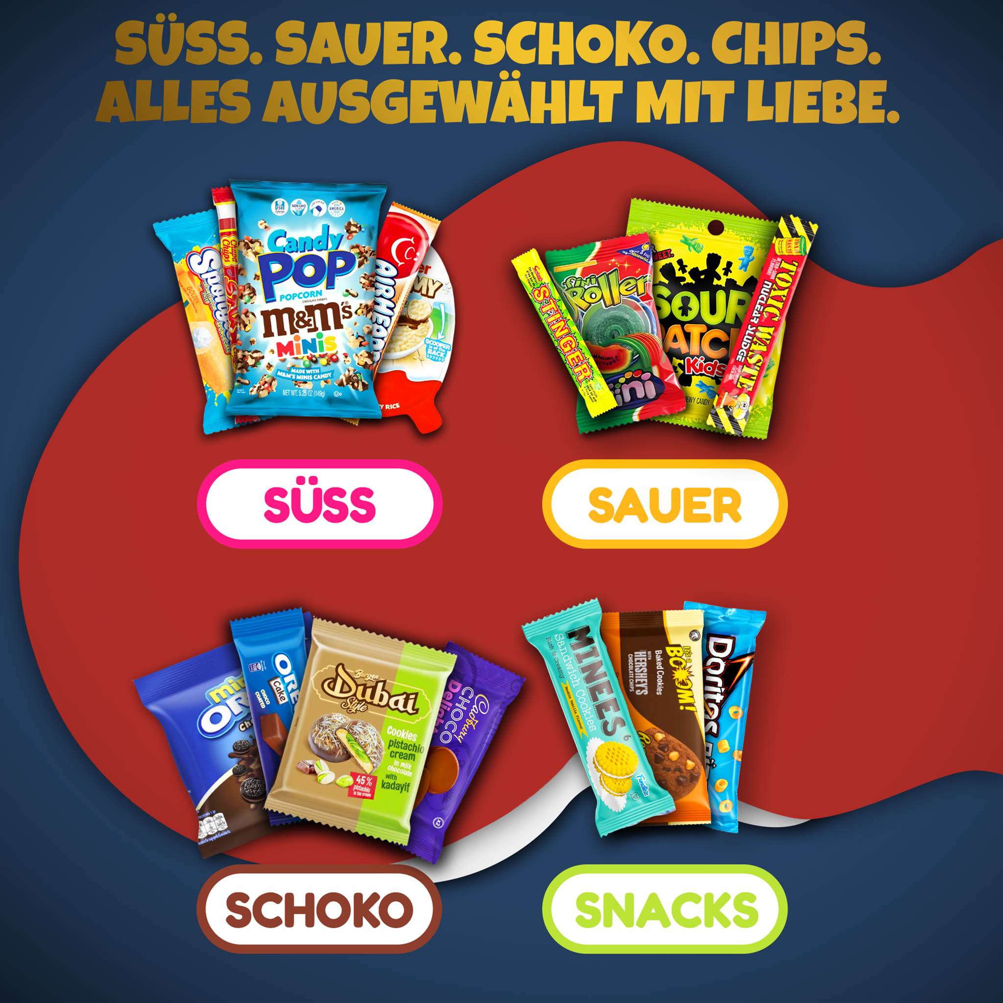 Amerikanische Süßigkeiten Box mit 24 Teilen + gratis Adventskalender Tüten - Adventskalender Füllung mit Süßigkeiten & Snack aus aller Welt - American Candy Box (XL)