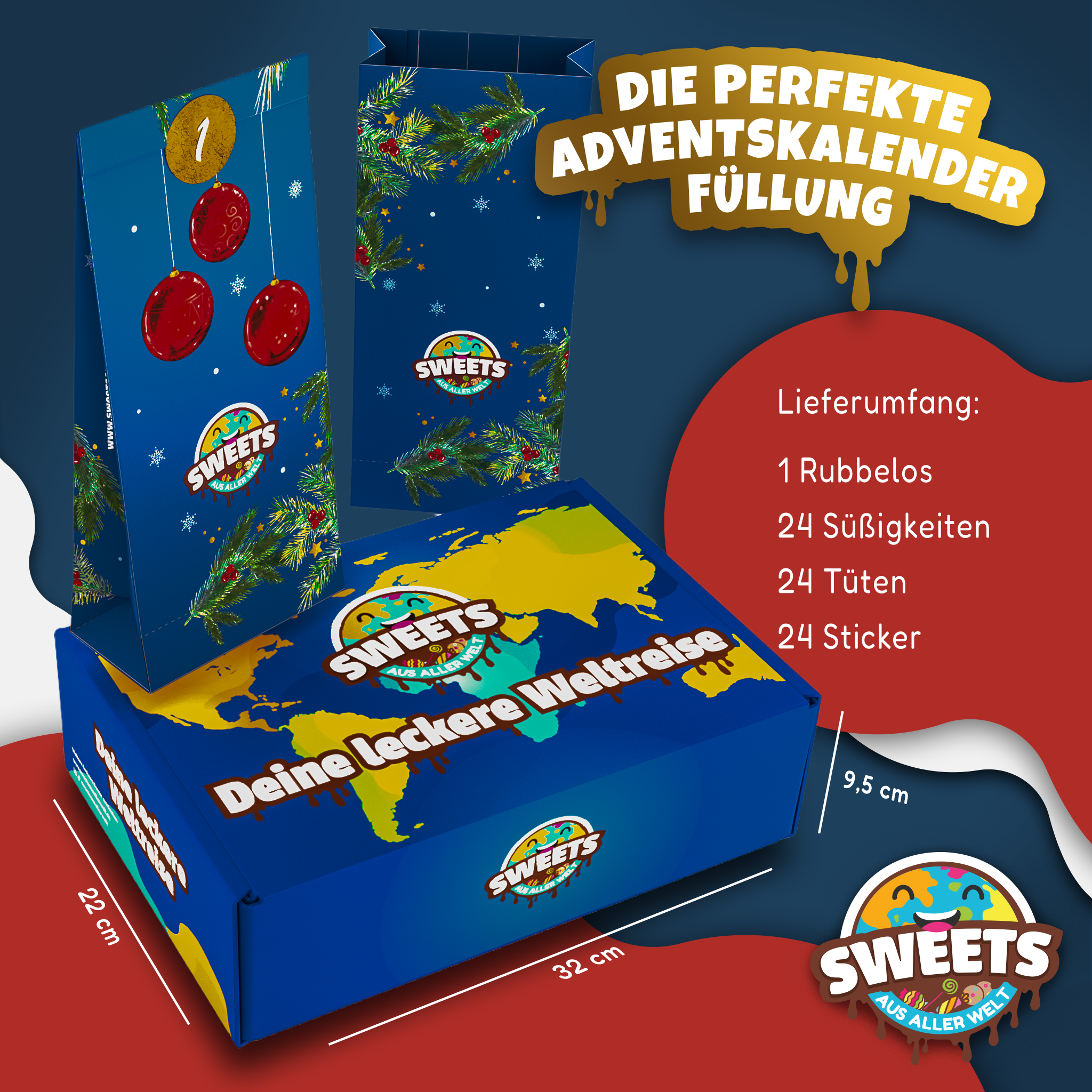 Amerikanische Süßigkeiten Box mit 24 Teilen + gratis Adventskalender Tüten - Adventskalender Füllung mit Süßigkeiten & Snack aus aller Welt - American Candy Box (XL)