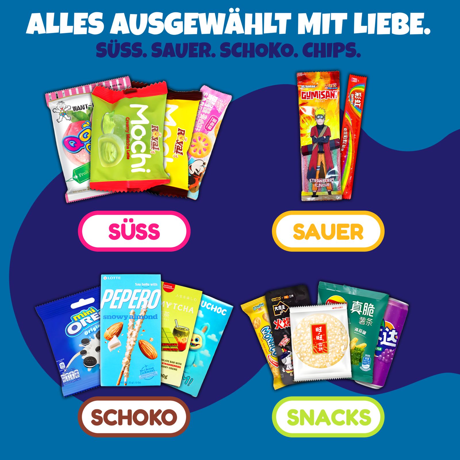 Asiatische Süßigkeiten Box mit 24 Snacks + gratis Adventskalender Tüten - Japanische, koreanische & Süßigkeiten - Ideale Kalender Füllung - Süßigkeiten für Adventskalender